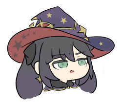Rule 34 | 1girl, black hair, chibi, commentary request, earrings, genshin impact, green eyes, hair between eyes, hat, jewelry, long hair, mona (genshin impact), nyaru (nyaru 4126), parted lips, print headwear, purple hat, simple background, solo, star (symbol), star print, thick eyebrows, twintails, white background, witch hat
