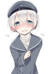 Rule 34 | 10s, 1girl, bad id, bad pixiv id, beret, blue eyes, blush, clothes writing, coat, dress, hat, kantai collection, looking at viewer, nekoume, open mouth, sailor dress, sailor hat, short hair, silver hair, solo, tears, trembling, trench coat, wavy mouth, z1 leberecht maass (kancolle)