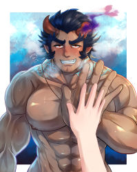 Rule 34 | 1boy, abs, absurdres, bara, beard, blue hair, blush, breath, broken horn, completely nude, dark-skinned male, dark blue hair, dark skin, demon boy, demon horns, facial hair, fang, fiery horns, hand to hand, highres, horns, huge filesize, kageru (mofnyan), large pectorals, long sideburns, male focus, mature male, muscular, muscular male, naughty face, nipples, nude, pectorals, pov, sexually suggestive, short hair, sideburns, size difference, smile, solo focus, stomach, stubble, sweat, takemaru (housamo), thick eyebrows, tokyo houkago summoners, upper body