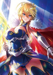 Rule 34 | 1girl, artoria pendragon (fate), artoria pendragon (lancer) (fate), bare shoulders, blonde hair, blue eyes, blue gloves, blue leotard, blue thighhighs, braid, breasts, cape, cleavage, cleavage cutout, clothing cutout, crown, elbow gloves, fate/grand order, fate (series), french braid, gloves, hair between eyes, highleg, highleg leotard, lance, large breasts, leotard, long hair, looking at viewer, musou yuchi, parted lips, polearm, red cape, rhongomyniad (fate), sidelocks, thighhighs, thighs, weapon