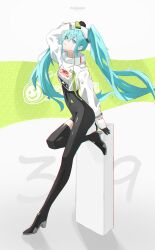 Rule 34 | 1girl, 39, absurdres, arm up, asymmetrical bodysuit, black bodysuit, black footwear, black gloves, blue eyes, blue hair, bodysuit, boots, commentary, covered navel, cropped jacket, floating hair, from side, full body, gloves, goodsmile racing, green gloves, hair between eyes, hatsune miku, highres, jacket, leg up, long hair, long sleeves, racing miku, racing miku (2022), single leg bodysuit, solo, thigh boots, twintails, two-tone gloves, very long hair, vghxj2, vocaloid, white jacket