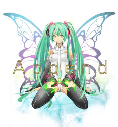Rule 34 | 1girl, bad id, bad pixiv id, bebemoko, bridal gauntlets, butterfly wings, female focus, full body, gradient background, green eyes, green hair, hatsune miku, hatsune miku (append), highres, insect wings, long hair, matching hair/eyes, necktie, sitting, solo, spread legs, thighhighs, twintails, very long hair, vocaloid, vocaloid append, white background, wings