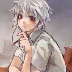 Rule 34 | 1boy, blush, collared shirt, dress shirt, edge, expressionless, holding, image sample, looking at viewer, lowres, male focus, md5 mismatch, pencil, resized, shirt, short sleeves, tumblr sample, white hair