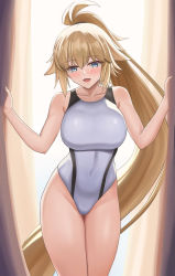 Rule 34 | 1girl, backlighting, bare shoulders, blonde hair, blue eyes, breasts, cleavage, collarbone, competition swimsuit, fate/grand order, fate (series), high ponytail, highleg, highleg swimsuit, highres, higofushi, jeanne d&#039;arc (fate), jeanne d&#039;arc (swimsuit archer) (fate), large breasts, long hair, looking at viewer, one-piece swimsuit, open mouth, smile, solo, swimsuit, thighs, very long hair