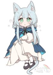 Rule 34 | 1girl, animal ear fluff, animal ears, arknights, black collar, black footwear, blue coat, blue hair, blush, cat ears, cat girl, cat tail, cheng junyun, chinese commentary, coat, collar, commentary request, dress, full body, green eyes, highres, infection monitor (arknights), long sleeves, mary janes, parted lips, puffy long sleeves, puffy sleeves, rosmontis (arknights), shoes, simple background, sitting, socks, solo, tail, white background, white dress, white socks