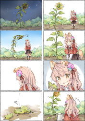 Rule 34 | 1girl, 4koma, :o, animal, animal ear fluff, animal ears, bird, black skirt, black socks, blue sky, bluebird, boots, brown eyes, capelet, comic, crying, day, flower, flying sweatdrops, frilled skirt, frills, hair between eyes, hair flower, hair ornament, hair ribbon, holding, holding leaf, holding watering can, hood, hood down, hooded capelet, kneehighs, leaf, long hair, long sleeves, multiple 4koma, night, night sky, original, outdoors, parted lips, pink flower, pink hair, pleated skirt, red capelet, red footwear, red ribbon, ribbon, seed, shirt, silent comic, skirt, sky, socks, standing, star (sky), starry sky, sunflower, sweat, tail, tears, wataame27, watering can, white shirt, withered, wolf-chan (wataame27), wolf ears, wolf girl, wolf tail, yellow flower