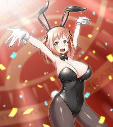 Rule 34 | 1girl, :d, animal ears, armpits, arms up, black pantyhose, blush, bow, bowtie, breasts, brown eyes, brown hair, cleavage, confetti, covered navel, detached collar, fake animal ears, gloves, hair bow, hataraku maou-sama!, highres, large breasts, leotard, md5 mismatch, open mouth, pantyhose, playboy bunny, rabbit ears, rabbit tail, sasaki chiho, short hair, short twintails, smile, solo, tail, twintails, two side up, white gloves, wrist cuffs, zaxwu