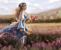 Rule 34 | 1girl, arch bishop (ragnarok online), blonde hair, blue dress, blue sky, bouquet, breasts, castle, cleavage cutout, clothing cutout, cloud, commentary, crosier, cross, day, dress, elvafirst, english commentary, feet out of frame, field, fishnet thighhighs, fishnets, flower, flower field, green eyes, highres, holding, holding bouquet, holding staff, juliet sleeves, long hair, long sleeves, looking afar, margaretha sorin, medium breasts, open mouth, outdoors, pink flower, pointy ears, puffy sleeves, ragnarok online, sash, sky, solo, staff, standing, thighhighs, two-tone dress, white dress, white thighhighs, yellow sash