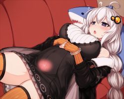 Rule 34 | 1girl, ?, ahoge, bare shoulders, black dress, black jacket, blue eyes, blush, bracelet, braid, breasts, couch, dress, fingerless gloves, fur-trimmed jacket, fur trim, gloves, hair ornament, half-closed eyes, hands on own stomach, heart, ikea shark, impregnation, jacket, jewelry, kizuna akari, large breasts, long hair, long sleeves, lying, no panties, null (nyanpyoun), on back, on couch, open clothes, open jacket, open mouth, orange gloves, orange thighhighs, own hands together, solo, star (symbol), striped clothes, striped gloves, striped thighhighs, stuffed animal, stuffed shark, stuffed toy, thighhighs, twin braids, vertical-striped clothes, vertical-striped thighhighs, voiceroid, waking up, white hair