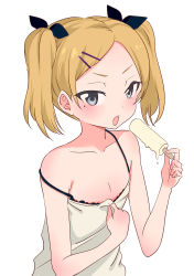 Rule 34 | 1girl, black ribbon, blonde hair, blue eyes, blush, camisole, clothes pull, commentary, food, hair ornament, hair ribbon, hairclip, holding, holding food, kemu (guruguru dan), looking at viewer, mole, mole under eye, open mouth, popsicle, ribbon, shirobako, shirt, shirt pull, short twintails, simple background, solo, strap slip, twintails, upper body, white background, white shirt, yano erika