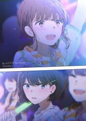 Rule 34 | 2koma, 3girls, black hair, blurry, blurry background, blurry foreground, blush, brown hair, comic, commentary request, glowstick, grin, highres, long hair, multiple girls, muromaki, original, pink eyes, short hair, smile, teeth, upper teeth only