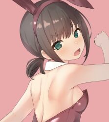 Rule 34 | 1girl, :o, animal ear hairband, animal ear headwear, animal ears, arm up, back, bare arms, bare shoulders, blush, breasts, brown hair, clenched hand, commentary request, detached collar, fake animal ears, from behind, fubuki (kancolle), green eyes, hair between eyes, hair tie, hairband, kantai collection, leotard, looking at viewer, looking back, low ponytail, nontraditional playboy bunny, open mouth, playboy bunny, rabbit ears, red background, red hairband, red leotard, sakieko, short ponytail, sideboob, sidelocks, simple background, small breasts, solo, strapless, strapless leotard, upper body