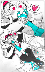 Rule 34 | 1boy, 1girl, absurdres, armbar, bandaged arm, bandaged hand, bandaged leg, bandages, battle, between breasts, between legs, black choker, black thighhighs, blush, breasts, choker, cleavage, collarbone, counter-attack, cropped jacket, crossed legs, curvy, eating, embarrassed, finger sucking, girl on top, goggles, goggles on head, greyscale, hand on floor, heart, hetero, highres, holding hands, light blush, long bangs, long sleeves, lying, medium breasts, midriff, monochrome, navel, niwamaru (niwarhythm), niwarhythm, on back, on floor, original, pink eyes, pink trim, shadow, shiny skin, shirt, short hair, short shorts, shorts, sitting, smoke, smoke trail, sparkle, spoken heart, strapless, submission hold, sweat, thick thighs, thighhighs, thighs, thought bubble, thumb sucking, tube top, underboob, white background, white hair, white shirt, wrestling