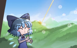 Rule 34 | blouse, blue dress, blue eyes, blue hair, blue ribbon, blue sky, bow, bubble, blowing bubbles, cirno, dress, dress shirt, fairy wings, fire, hair between eyes, hair bow, highres, hill, ice, ice wings, laser, mata (matasoup), outdoors, pinafore dress, puffy short sleeves, puffy sleeves, red bow, red ribbon, ribbon, shirt, short hair, short sleeves, sky, sleeveless dress, solo, touhou, tree, tree shade, white shirt, wing collar, wings