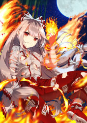 Rule 34 | &gt;:(, 1girl, absurdres, ambasa, bamboo, bare arms, bow, breasts, closed mouth, collared shirt, fiery wings, fire, footwear bow, fujiwara no mokou, grey hair, grey shirt, hair bow, hand in pocket, hand up, highres, long hair, looking at viewer, low-tied long hair, moon, night, night sky, no bra, ofuda, ofuda on clothes, outdoors, pants, pocket, pyrokinesis, red eyes, red footwear, red pants, shirt, shoe soles, shoes, short sleeves, sky, small breasts, soles, solo, star (sky), starry sky, suspenders, torn clothes, torn pants, torn shirt, torn sleeves, touhou, v-shaped eyebrows, very long hair, wing collar, wings