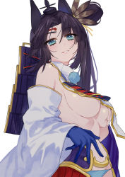Rule 34 | 1girl, armor, asymmetrical sleeves, bare shoulders, black hair, black hat, blue eyes, blue gloves, blue panties, breast curtains, breasts, detached sleeves, fate/grand order, fate (series), feather hair ornament, feathers, gloves, grabbing, grabbing another&#039;s breast, grabbing own breast, hair ornament, hat, headgear, highres, japanese armor, kusazuri, large breasts, long hair, looking at viewer, mismatched sleeves, panties, parted bangs, pom pom (clothes), revealing clothes, ryuuno6, side ponytail, sideboob, simple background, smirk, solo, underwear, ushiwakamaru (fate), white background