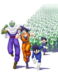 Rule 34 | 6+boys, absurdres, alien, android, aqua eyes, armor, army, artist request, bare arms, black hair, boots, brown footwear, cape, clone, colored skin, cooler, cooler (dragon ball), cyborg, dougi, dragon ball, dragonball z, father and son, gloves, green skin, highres, meta-cooler, metal, metal cooler, multiple boys, multiple persona, muscular, muscular male, parody, piccolo, robot, running, saiyan armor, simple background, son gohan, son goku, spiked hair, tail, turban, vegeta, white background, white cape, white footwear, white gloves, widow&#039;s peak, wristband, yotsubato!