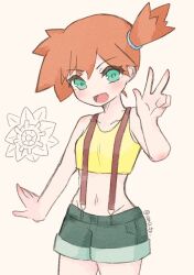 Rule 34 | 1girl, :d, absurdres, asymmetrical hair, back, bare arms, bare shoulders, blush, breasts, collarbone, cowboy shot, creatures (company), crop top, denim, denim shorts, eyelashes, game freak, gen 1 pokemon, green eyes, green shorts, gym leader, hair tie, hand up, highres, looking at viewer, midriff, misty (pokemon), navel, nintendo, open mouth, orange hair, pokemon, pokemon (anime), pokemon (classic anime), ponytail, shirt, short hair, short shorts, shorts, side ponytail, simple background, sleeveless, small breasts, smile, solo, standing, starmie, suspenders, tank top, twitter username, v, yellow shirt, yellow tank top