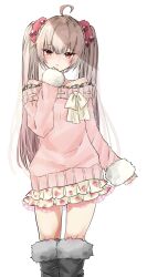 Rule 34 | 1girl, ahoge, bare shoulders, blush, boots, chigasaki yukari, closed mouth, floral print, fur trim, grey footwear, grey hair, hair ornament, hair scrunchie, highres, knee boots, long hair, long sleeves, looking at viewer, off-shoulder sweater, off shoulder, original, pink sweater, red eyes, scrunchie, simple background, skirt, sleeves past wrists, solo, sweater, twintails, very long hair, white background
