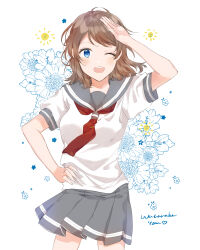 1girl absurdres arm_up blue_eyes blush brown_hair character_name english_text flower grey_hair grey_sailor_collar grey_skirt hand_on_own_hip highres love_live! love_live!_sunshine!! open_mouth petals rizu033 sailor_collar salute school_uniform serafuku short_hair simple_background skirt smile summer_uniform sun thighs uranohoshi_school_uniform watanabe_you wavy_hair white_background