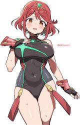 Rule 34 | 1girl, :d, black gloves, breasts, covered navel, earrings, gloves, hand on own chest, highres, jewelry, large breasts, one eye closed, open mouth, orange eyes, pyra (pro swimmer) (xenoblade), pyra (xenoblade), red hair, shisoneri, short hair, smile, solo, star (symbol), star earrings, sweat, tiara, twitter username, xenoblade chronicles (series), xenoblade chronicles 2