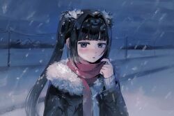 Rule 34 | 1girl, black hair, black jacket, blue eyes, blunt bangs, blush, fur-trimmed jacket, fur trim, hair intakes, hand up, highres, index finger raised, inu dakisime, jacket, long hair, looking at viewer, night, nose blush, open clothes, open jacket, open mouth, original, outdoors, power lines, red scarf, road, scarf, sidelocks, snow, snowing, solo, twintails, upper body, utility pole, very long hair