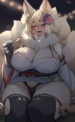 Rule 34 | 1girl, absurdres, animal ears, animal nose, black panties, black thighhighs, blonde hair, blue eyes, blush, body fur, breasts, cleavage, cup, curvy, detached sleeves, fang, flower, fox ears, fox tail, furry, furry female, green eyes, hair flower, hair ornament, heterochromia, highres, holding, holding cup, huge breasts, japanese clothes, kitsune, looking at viewer, miko, multiple tails, open mouth, original, panties, sakazuki, short hair, sitting, skin fang, smile, snout, solo, suurin (ksyaro), sweat, tail, thick thighs, thighhighs, thighs, underwear, white fur, white sleeves, wide hips