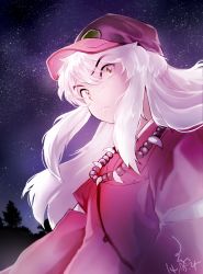 Rule 34 | 10s, 1boy, 2014, baseball cap, dated, gradient background, hat, hyun, inuyasha, inuyasha (character), jewelry, long hair, male focus, necklace, night, night sky, pearl necklace, sidelocks, signature, sky, solo, star (sky), starry sky, white hair, yellow eyes