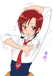 Rule 34 | 10s, 1girl, armpits, arms up, blush, covered erect nipples, hino akane (smile precure!), joy ride, precure, red hair, school uniform, see-through, simple background, smell, smile precure!, stain, sweat, sweat stain
