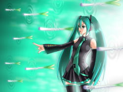 Rule 34 | 1girl, black skirt, detached sleeves, fate/stay night, fate (series), gate of babylon (fate), green eyes, green hair, hatsune miku, headgear, headphones, long hair, long sleeves, matching hair/eyes, outstretched arms, parody, pleated skirt, skirt, solo, spring onion, standing, tattoo, thighhighs, twintails, very long hair, vocaloid, zettai ryouiki