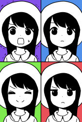 Rule 34 | &gt; &lt;, 1girl, :d, annoyed, aoyama kotoha (mitsuboshi colors), blue background, closed eyes, closed mouth, collared shirt, commentary request, dot nose, expressionless, expressions, facing viewer, frown, green background, happy, hat, highres, katsuwo (cr66g), long hair, looking at viewer, mitsuboshi colors, motion lines, multicolored background, multiple views, open mouth, partially colored, portrait, purple background, red background, shirt, smile, split mouth, sweatdrop, trembling