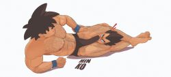 Rule 34 | 2boys, abs, artist name, bara, biceps, blush, brown hair, bulge, dragon ball, erection, erection under clothes, hairy, highres, large pectorals, leg lock, male focus, male underwear, manly, mature male, minko (katsu kirishi), multiple boys, muscular, muscular male, nipples, no pants, pectorals, penis on face, signature, simple background, smirk, son goku, spiked hair, surprised, thick arms, thick thighs, thighs, topless male, underwear, vegeta, very hairy, white background, wristband