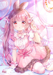 Rule 34 | 1girl, animal ear fluff, animal ears, apollo chocolate, arm support, blunt bangs, blush, bow, box, bridal garter, brown hair, buttons, chiika (cure cherish), cross-laced clothes, dress, food, food-themed hair ornament, frills, fruit, gift, gift box, hair bow, hair ornament, hair ribbon, hairclip, hand up, heart button, holding, jewelry, light particles, long hair, looking at viewer, necklace, open mouth, original, pearl necklace, pink bow, pink dress, pink eyes, pink theme, pink thighhighs, puffy short sleeves, puffy sleeves, rabbit ears, ribbon, short sleeves, single thighhigh, sitting, solo, sparkle, strawberry, strawberry hair ornament, striped clothes, striped thighhighs, thighhighs, twintails, vertical stripes, very long hair, wrist cuffs, yokozuwari
