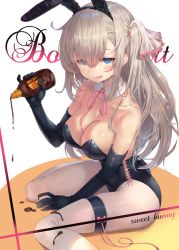 Rule 34 | 1girl, :p, bare shoulders, black gloves, blue eyes, bottle, breasts, chocolate, chocolate syrup, cleavage, collarbone, commentary request, elbow gloves, english text, gloves, grey hair, hair between eyes, hair ribbon, highres, holding, holding bottle, large breasts, leotard, long hair, looking at viewer, original, pantyhose, pink neckwear, pink ribbon, playboy bunny, rangen, ribbon, simple background, sitting, solo, tongue, tongue out, white background, white pantyhose, white ribbon