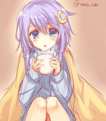 Rule 34 | 10s, 1girl, blanket, blush, crescent, crescent hair ornament, cup, hair ornament, holding, holding cup, kantai collection, maruki (punchiki), mug, open mouth, purple hair, ribbed sweater, sketch, solo, steam, sweater, turtleneck, twitter username, yayoi (kancolle)