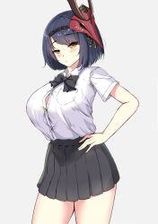 Rule 34 | 1girl, absurdres, alternate costume, black hair, black skirt, blush, bow, bowtie, breast pocket, breasts, button gap, collared shirt, commentary request, contemporary, eyes visible through hair, genshin impact, hand on own hip, highres, kujou sara, large breasts, leaning forward, line4x, looking at viewer, mask, mask on head, pleated skirt, pocket, resolution mismatch, school uniform, shirt, short hair, short sleeves, sidelocks, simple background, skirt, smile, solo, source smaller, tengu mask, tented shirt, white shirt, yellow eyes
