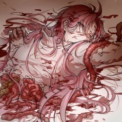 Rule 34 | 1boy, absurdres, ahoge, blood, blood on clothes, blood on ground, chinese commentary, commentary request, eyes visible through hair, guro, hatsutori hajime, highres, intestines, long hair, long sleeves, male focus, parted bangs, pink hair, red eyes, saibou shinkyoku, shirt, smile, solo, sutang, torn clothes, white shirt
