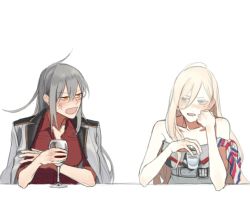 Rule 34 | 2girls, alcohol, anger vein, armband, bare shoulders, birdry, blonde hair, blue eyes, chinese commentary, commentary request, cup, dress shirt, drinking glass, scar on face, gangut (kancolle), glass, grey hair, hair between eyes, jacket, jacket on shoulders, kantai collection, long hair, looking at viewer, military jacket, mole, mole under eye, mole under mouth, multiple girls, open mouth, red eyes, red shirt, richelieu (kancolle), scar, scar on cheek, scar on face, shirt, short sleeves, shot glass, simple background, two-tone dress, vodka, white background, wine, wine glass