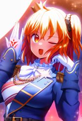 Rule 34 | 1girl, :d, belt, black belt, blue jacket, blush, bow, bowtie, breasts, command spell, commentary request, crown, fate/grand order, fate (series), fujimaru ritsuka (female), fujimaru ritsuka (female) (halloween royalty), gloves, hair between eyes, highres, jacket, large breasts, long sleeves, medium hair, mikomiko (mikomikosu), official alternate costume, one eye closed, open mouth, orange hair, red background, red eyes, side ponytail, smile, solo, upper body, white bow, white bowtie, white gloves