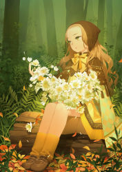 1girl blonde_hair cape female_focus flower green_eyes leaf log long_hair original ribbon salt_(salty) sitting solo tree