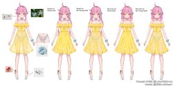 Rule 34 | absurdres, bare shoulders, breasts, character sheet, closed mouth, collarbone, dress, eien project, full body, high heels, highres, kiki lockheart, long hair, lunarisbloom, multiple views, pink hair, red eyes, scrunchie, see-through, simple background, small breasts, standing, sundress, thong, toes, twintails, white background, white footwear, wrist scrunchie, yellow eyes