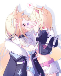 Rule 34 | 2girls, animal ear fluff, animal ears, arm around shoulder, black collar, black jacket, blonde hair, blue hair, breasts, capuchi (111cappuccino), cellphone, cleavage, collar, commentary request, dog ears, extra ears, fur-trimmed jacket, fur trim, fuwawa abyssgard, fuwawa abyssgard (1st costume), heart, highres, holding, holding phone, hololive, hololive english, implied incest, implied kiss, jacket, long sleeves, medium breasts, mococo abyssgard, mococo abyssgard (1st costume), multicolored hair, multiple girls, navel, phone, pink hair, siblings, sisters, smartphone, spoken heart, streaked hair, twins, upper body, virtual youtuber, yuri
