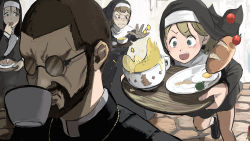Rule 34 | 1boy, 3girls, absurdres, accident, bare legs, beard, black footwear, black hair, blonde hair, bread, character request, cherry tomato, clumsy, clumsy nun (diva), diva (hyxpk), drinking, egg, egg (food), facial hair, father (diva), food, freckles nun (diva), fried egg, glasses, habit, highres, kangaroo, little nuns (diva), monk, multiple girls, nun, priest, revision, round eyewear, short hair, soup, spilling, tea, tomato, traditional nun, tripping, vegetable, veil