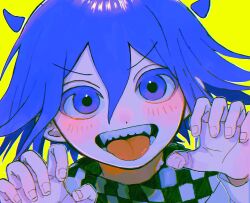 Rule 34 | 1boy, blue hair, checkered clothes, checkered scarf, claw pose, danganronpa (series), danganronpa v3: killing harmony, fangs, hair between eyes, highres, jacket, long sleeves, looking at viewer, male focus, oma kokichi, open mouth, portrait, purple eyes, scarf, simple background, smile, solo, sunaba asobi, teeth, tongue, tongue out, yellow background
