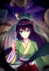 Rule 34 | 2girls, black hair, blurry, blurry background, breasts, calligraphy brush, character name, chinese commentary, commentary request, green eyes, green hair, green kimono, hair between eyes, hair ornament, hat, highres, holding, holding brush, japanese clothes, kimono, koissa, long hair, long sleeves, medium breasts, mima (touhou), multiple girls, obi, paintbrush, purple hat, red skirt, sash, skirt, touhou, touhou (pc-98), very long hair, white sash, wide sleeves, witch hat
