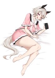 Rule 34 | 1girl, absurdres, animal ears, barefoot, bed, black hairband, blush, bow, cellphone, commentary request, curren chan (umamusume), ear bow, ear covers, feet, full body, grey hair, hair between eyes, hairband, highres, holding, holding phone, horse ears, horse girl, horse tail, noe (ppppriver), on bed, open mouth, pajamas, phone, pink bow, pink pajamas, purple eyes, red bow, short hair, simple background, sleepwear, smartphone, smile, tail, toes, umamusume, white background