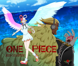Rule 34 | 1boy, absurdres, age difference, angel wings, artist request, blue sky, breasts, dark skin, douglas bullet, dress, full body, gloves, highres, long hair, manly, military, military uniform, multicolored hair, ocean, one piece, one piece: stampede, one piece film: red, serious, sky, smile, standing, t-pose, title, two-tone hair, uniform, uta (one piece), very long hair, white background, white dress, white gloves, wings