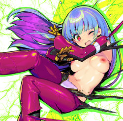 Rule 34 | 1girl, blue hair, blunt bangs, blush, breasts, chaps, gloves, kula diamond, long hair, long sleeves, medium breasts, navel, nipples, no bra, one eye closed, onono imoko, open mouth, red eyes, snk, solo, sweat, the king of fighters, torn clothes, two-tone gloves