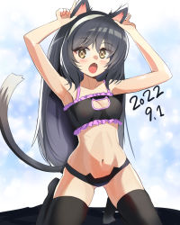 Rule 34 | 1girl, animal ears, armpits, black bra, black hair, black panties, black thighhighs, blaze (blazeillust), blush, bra, breasts, brown eyes, cat ears, cat lingerie, cat tail, cleavage, cleavage cutout, clothing cutout, collarbone, dated, fang, girls und panzer, highres, long hair, looking at viewer, meme attire, navel, open mouth, panties, reizei mako, shiny skin, small breasts, solo, tail, thighhighs, underwear