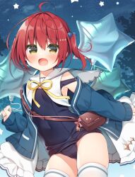 Rule 34 | 1girl, :d, ahoge, bag, black one-piece swimsuit, blue jacket, blush, bow, cloud, commentary request, covered navel, dress, fang, green eyes, hair between eyes, hair bow, hanamiya natsuka, jacket, leaning forward, long sleeves, looking at viewer, neck ribbon, night, night sky, old school swimsuit, one-piece swimsuit, open clothes, open dress, open jacket, open mouth, original, outdoors, red hair, ribbon, school swimsuit, shoulder bag, sky, sleeves past wrists, smile, solo, standing, star (sky), star balloon, starry sky, strap slip, swimsuit, swimsuit under clothes, thighhighs, twintails, white dress, white thighhighs, yellow ribbon